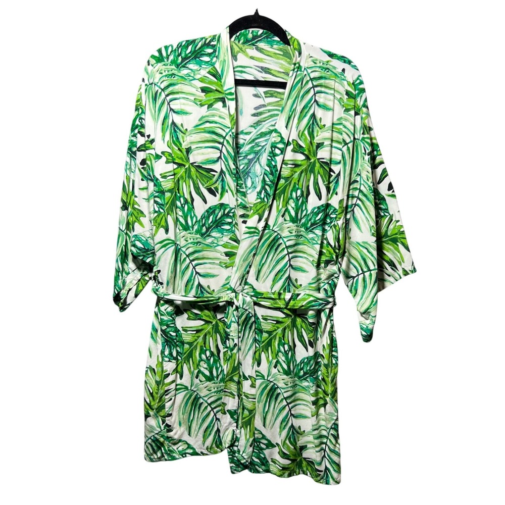 Event Blossom Tropical Palm Leaf Kimono Robe Tie Waist Short Lounge Cover Up
